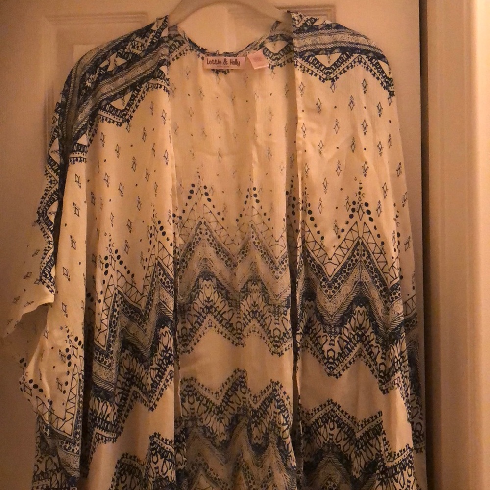 Lightweight white and blue shawl/cardigan